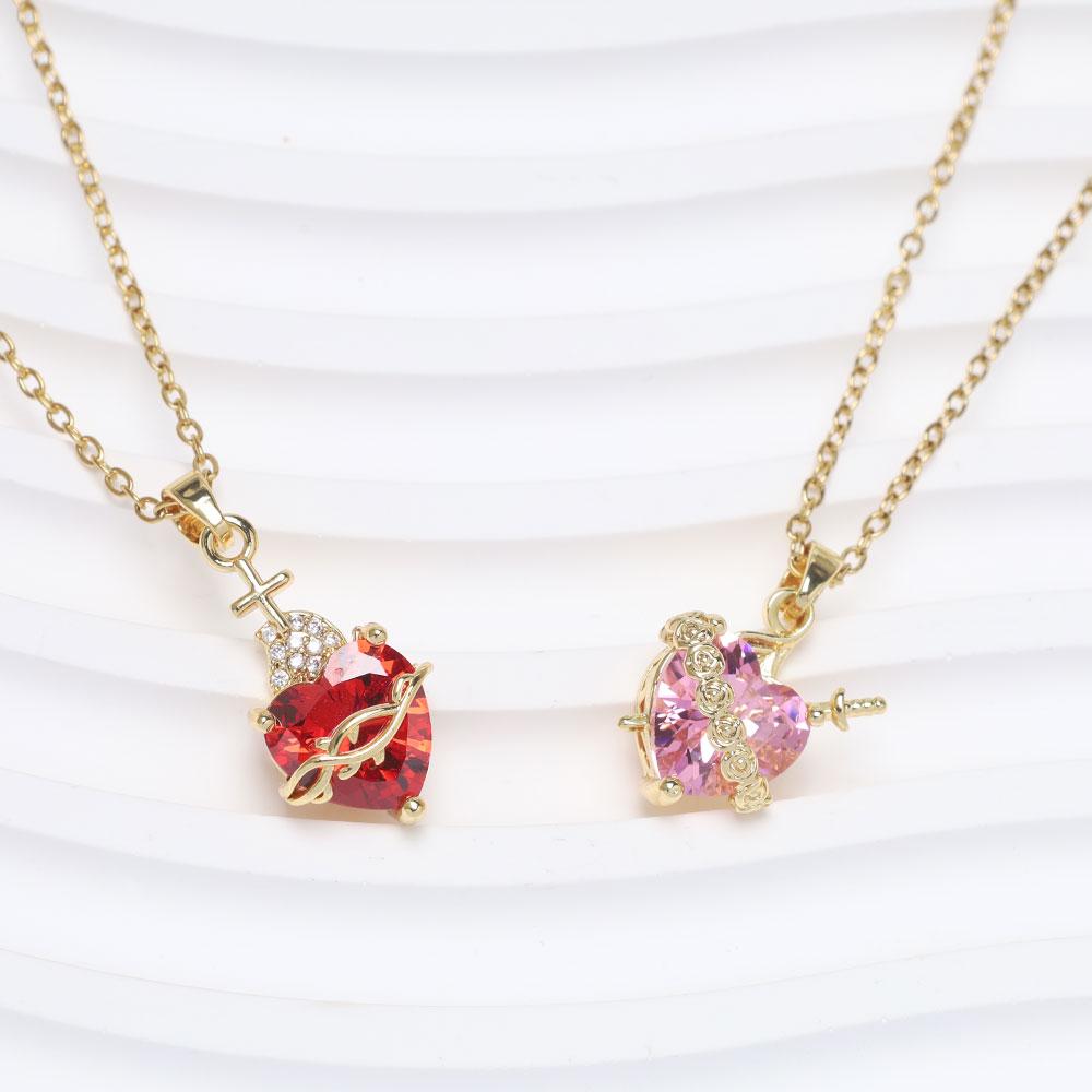 Luxury Pink Zircon Heart Necklace For Women Gothic Sword Go Through Love Choker Elegant Crystal Flower Necklaces Y2k Jewelry