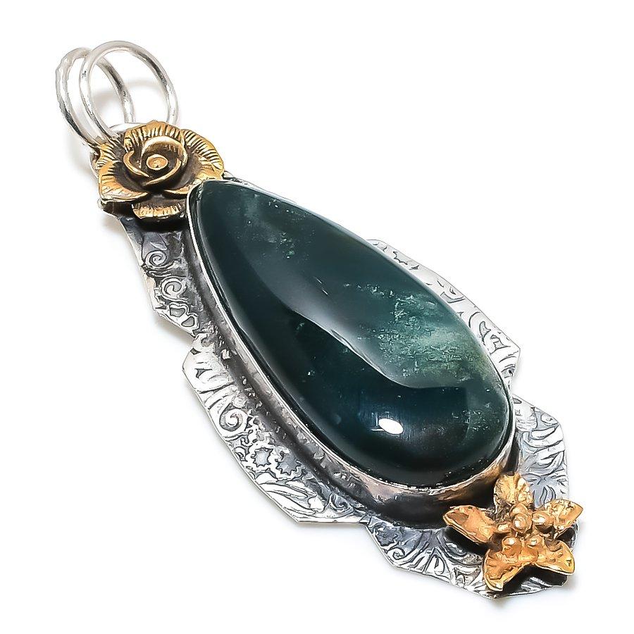 

Натуральный индийский моховый агат, двухцветный кулон из стерлингового серебра 925 пробы, 2,92 дюйма, h3u86
