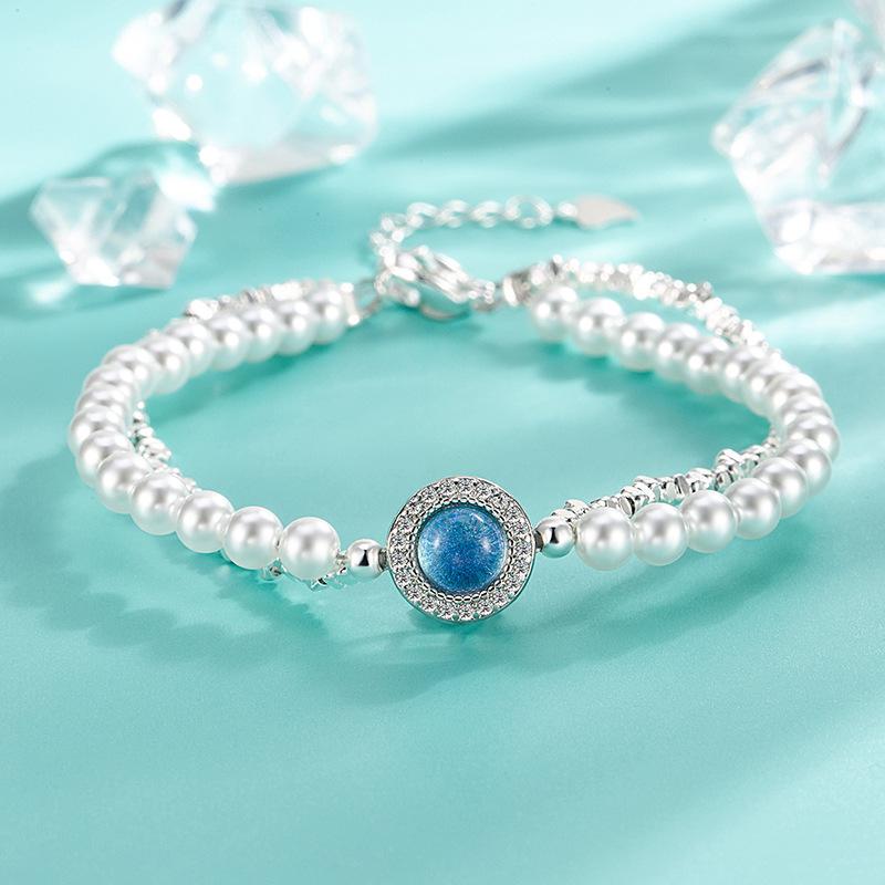 Double Aquamarine Pearl Bracelet Women's Light Luxury Niche Exquisite High-end Versatile Design Bracelet