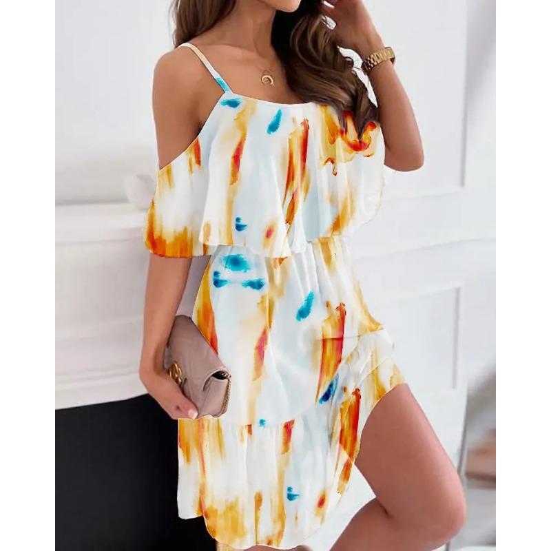 

IHUASU Spring Summer Chiffon Print Halter Off-the-shoulder Sexy Dress XXL