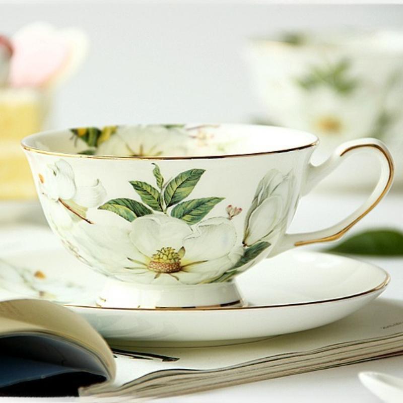 White Camellia Coffee Cup and Saucer Spoon Set 240ml Light Luxury Bone China Tea Cup with Gold Trim, Fine Porcelain Tea Sets for Home