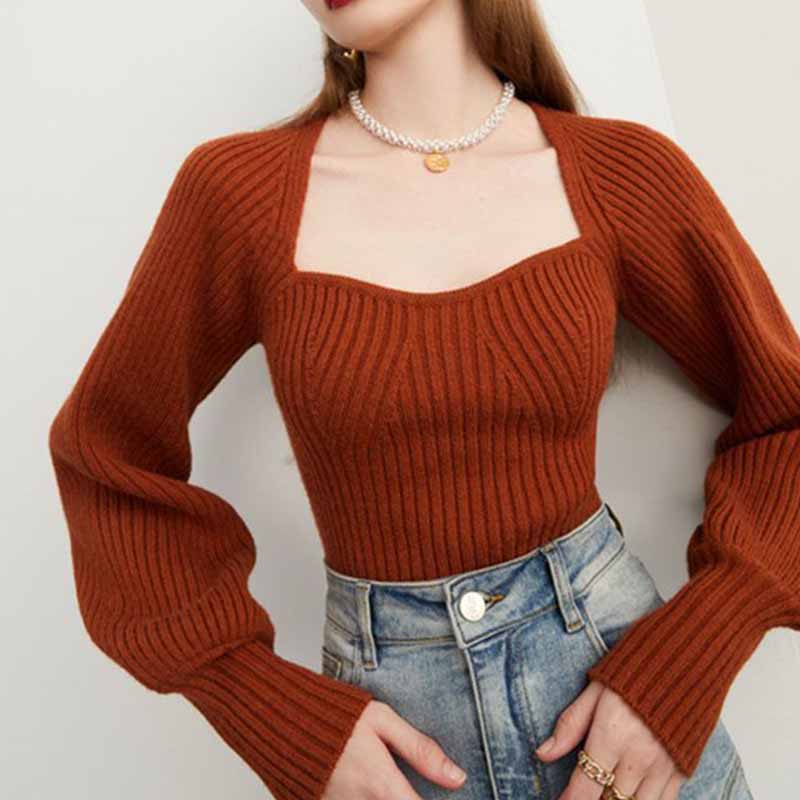 Literatura a umění Vintage Jednobarevné Tričko s čtvercovým výstřihem Dámský Podzimní a Zimní Volný Slim Svetr s dlouhým rukávem