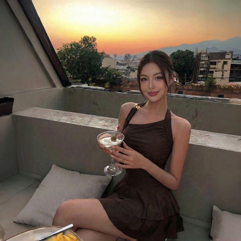 

Coffee Color Hanging Neck One-piece Skirt Swimsuit Female Pure Desire Hot Girl Sexy Backless Vacation Slimming XL
