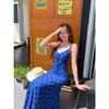 Lace Stitching Blue Plaid V-neck Suspender Dress Women's Summer Vacation Skirt Spice Girl Slim A-word Long Dress