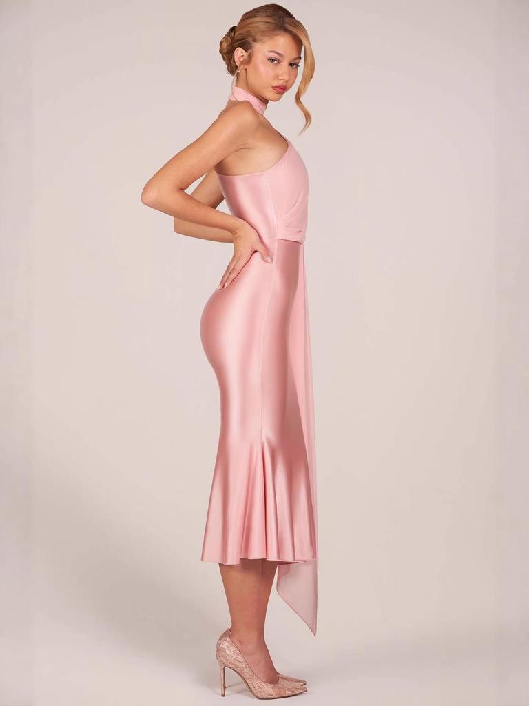2026 Euro-Amerikanischer Stil Sexy Neckholder Satin Bodycon Kleid mit Rüschen