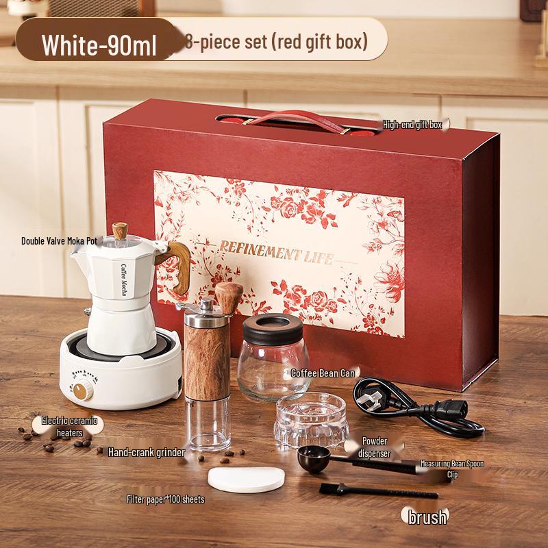 Dvojventilový elektrický moka konvička a ruční mlýnek Dárková sada