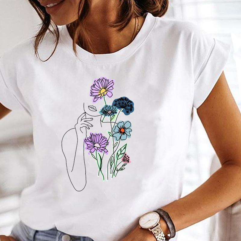 (European Size) Summer Fashion Women Plant Lovely Flower Trend Cute Short Sleeve Print Tee Top Tshirt  Lady Female Clothing  Casual Graphic T-shirt