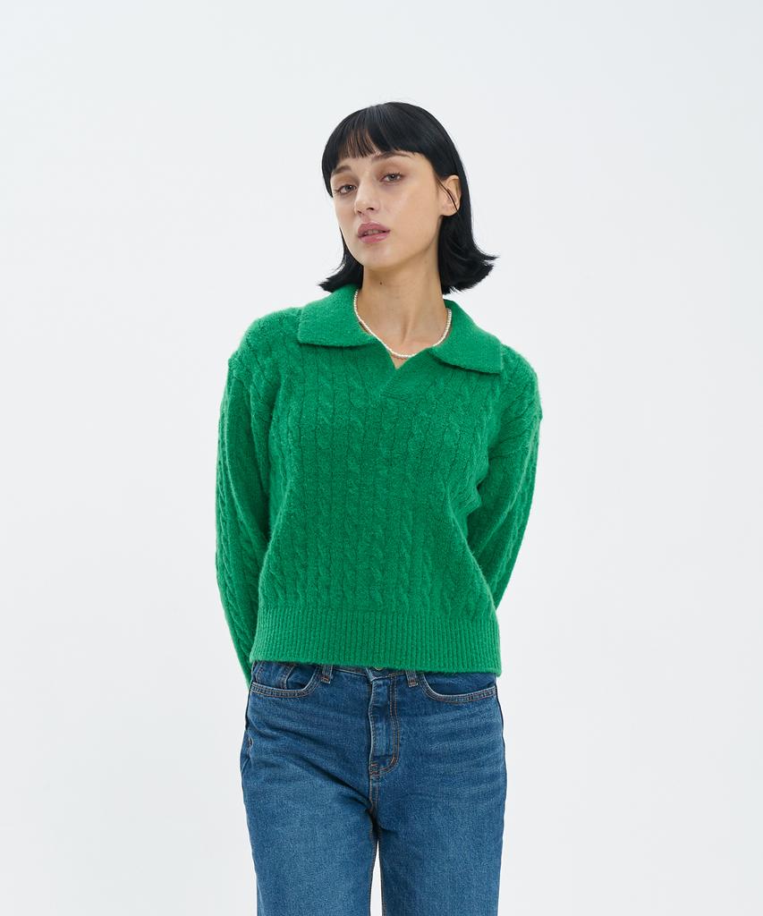 BLOND9 Cable Open Collar Knit_Hunter Green
