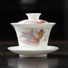 Light luxury imitation hand-painted suet jade porcelain Sancai cover bowl Kung Fu tea set single tea cup tea bowl pure handmade boutique