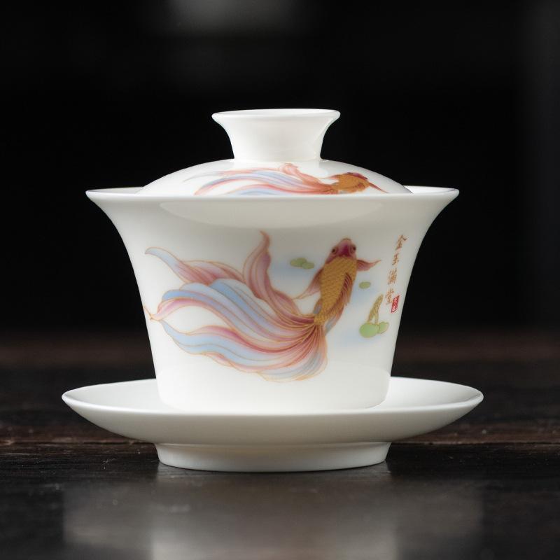 Light luxury imitation hand-painted suet jade porcelain Sancai cover bowl Kung Fu tea set single tea cup tea bowl pure handmade boutique