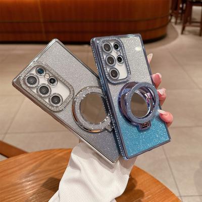 Suitable for Samsung S25ultra Electroplated Rhinestone Phone Case S24 Mirror Bracket S23 Flash Powder S22 Full Cover Anti Fall