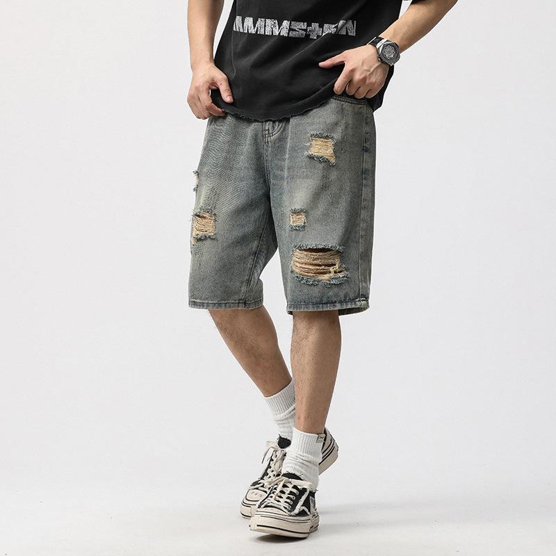 Summer High Street Washing Denim Shorts New Style Ripped Straight Five-point Pants for Men