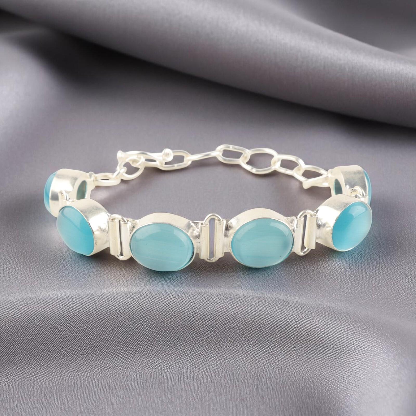 

Натуральный синий камень «кошачий глаз» Ювелирные изделия из стерлингового серебра 925 пробы Ручной работы Браслет 8 RB-4-24