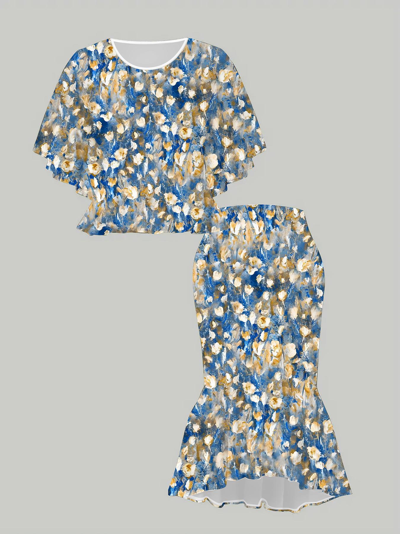 

Классический тотемный женский принт с 3D-цветами, Модный большого размера, Элегантный, Универсальный для всех сезонов. Футболка, Юбка и Комплект 1XL синий