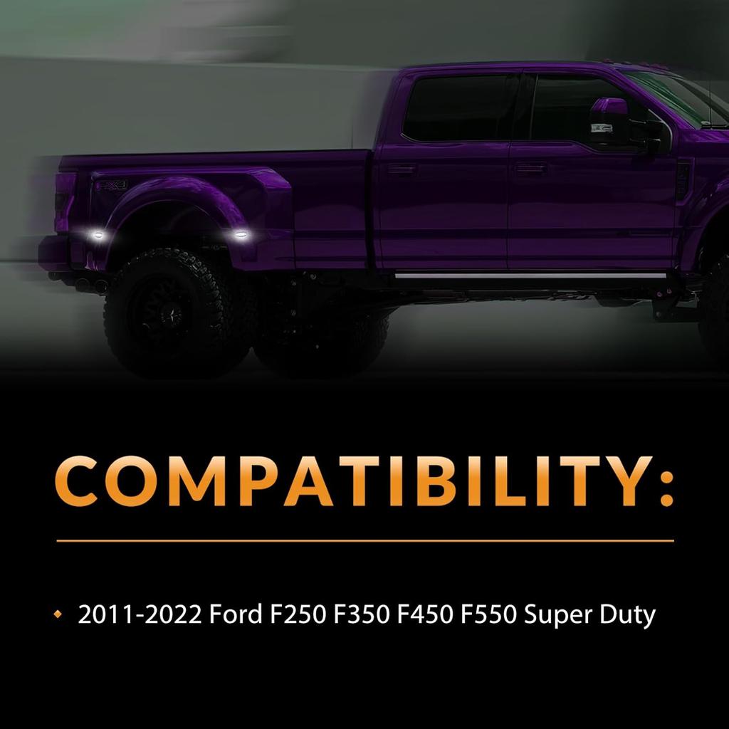 LED Dually Bed Fender Side Marker Lights For 2011- Ford F250 F350 F450 F550 Super Duty Trucks Smoked Len (White Led)