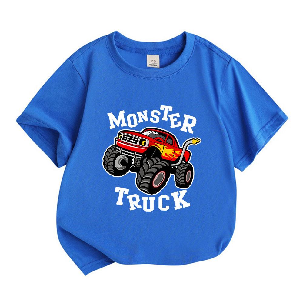 Cartoon Monster Truck Print Kids Boys Girls 100% Cotton O-neck Short Sleeve T-Shirt, Casual Lightweight Tees for Toddlers Children Daily Wear