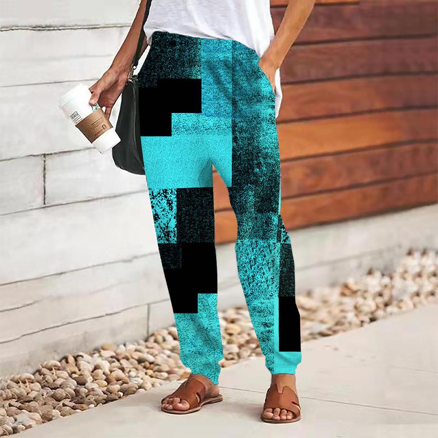 Women Geometry Printing Pants Lace Up Elastic Waist Loose  Trousers Casual Long Pants Trousers with Pockets