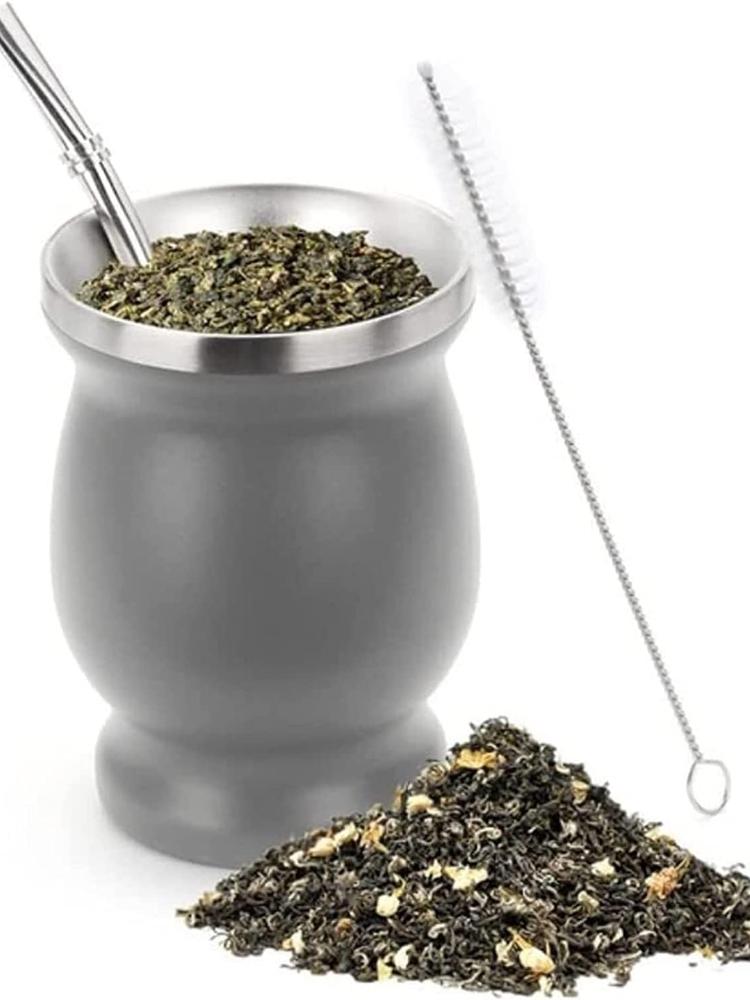 Stainless Steel Yerba Mate Cup 8oz Double Wall Yerba Mate Gourd with Spoon Straw Cleaning Brush for Home Office