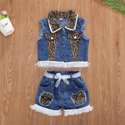 Baby Girls Denim Casual Outfit Sets Sleeveless Leopard Print Denim Leopard Print Denim Shorts Suits Girls