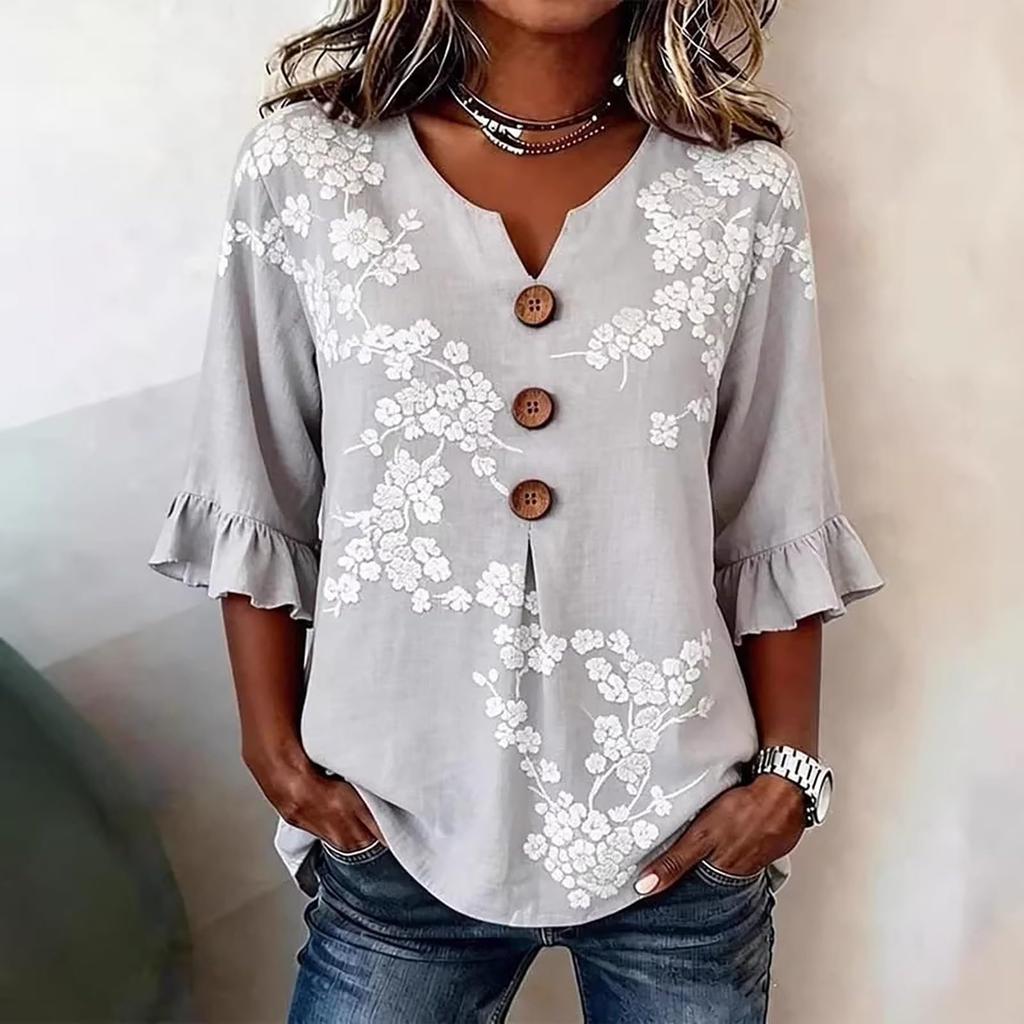 Womens V Neck Floral Print Button Front Loose Fit Top with Ruffle Sleeve Casual Blouse for Everyday Wear