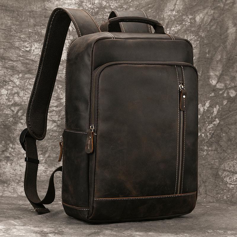 Retro Men's Crazy Horse Leather Backpack Laptop Backpack Leather Daypack Large Capacity Male Travel Backpack With USB Cable