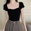 Shoulder Square Neck Short Sleeved T-shirt for Women in Summer Niche Slim Fit Knit Unique and Chic Short Top