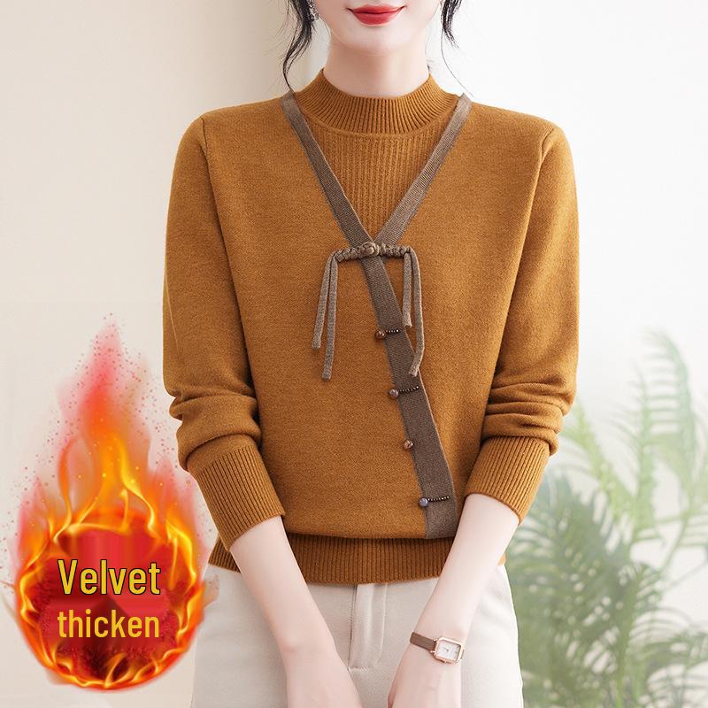 

Уютный бархатный свитер мамы: Стильный, Утепленный Зимний Топ для Женщин Среднего Возраста 3XL (130-145 jin) охра