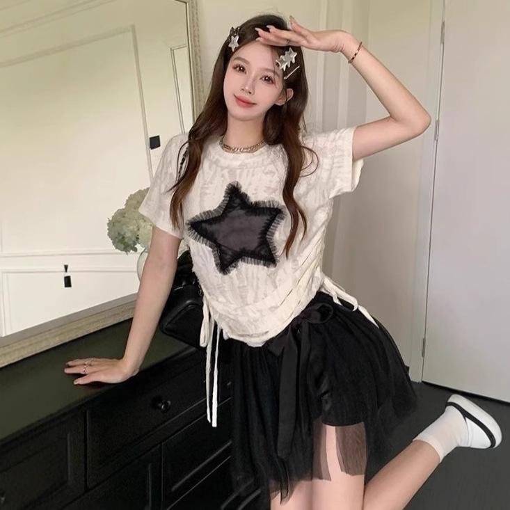 

Chic American Hot Girl Loose Fit Drawstring Short Sleeve Summer Top L