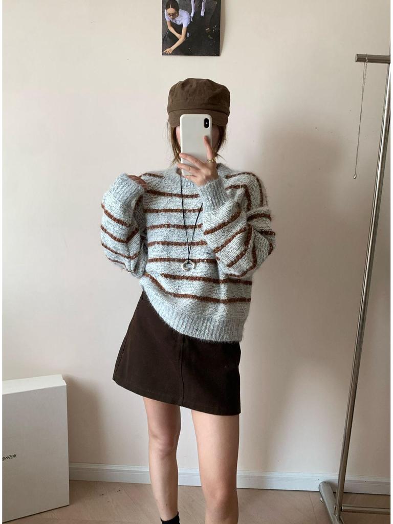 Svetr s pruhy v korejském stylu - Měkký, volný, všestranný dámský pulovr na podzim/zimu