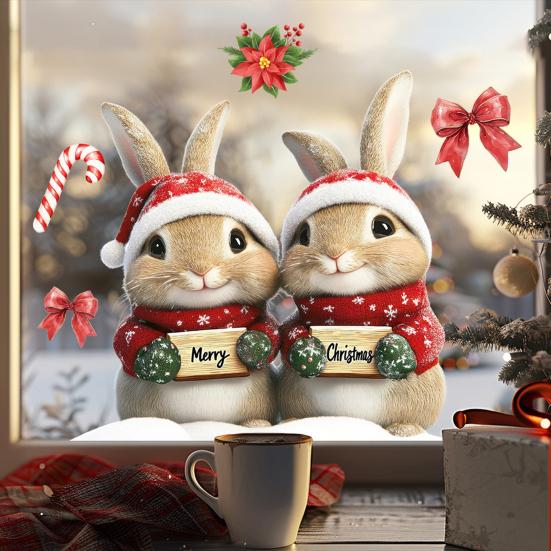 Merry Christmas Rabbit Window Cling Removable Waterproof Santa Hat Couple Bunny Static Glass Sticker Holiday Party Decoration Decal