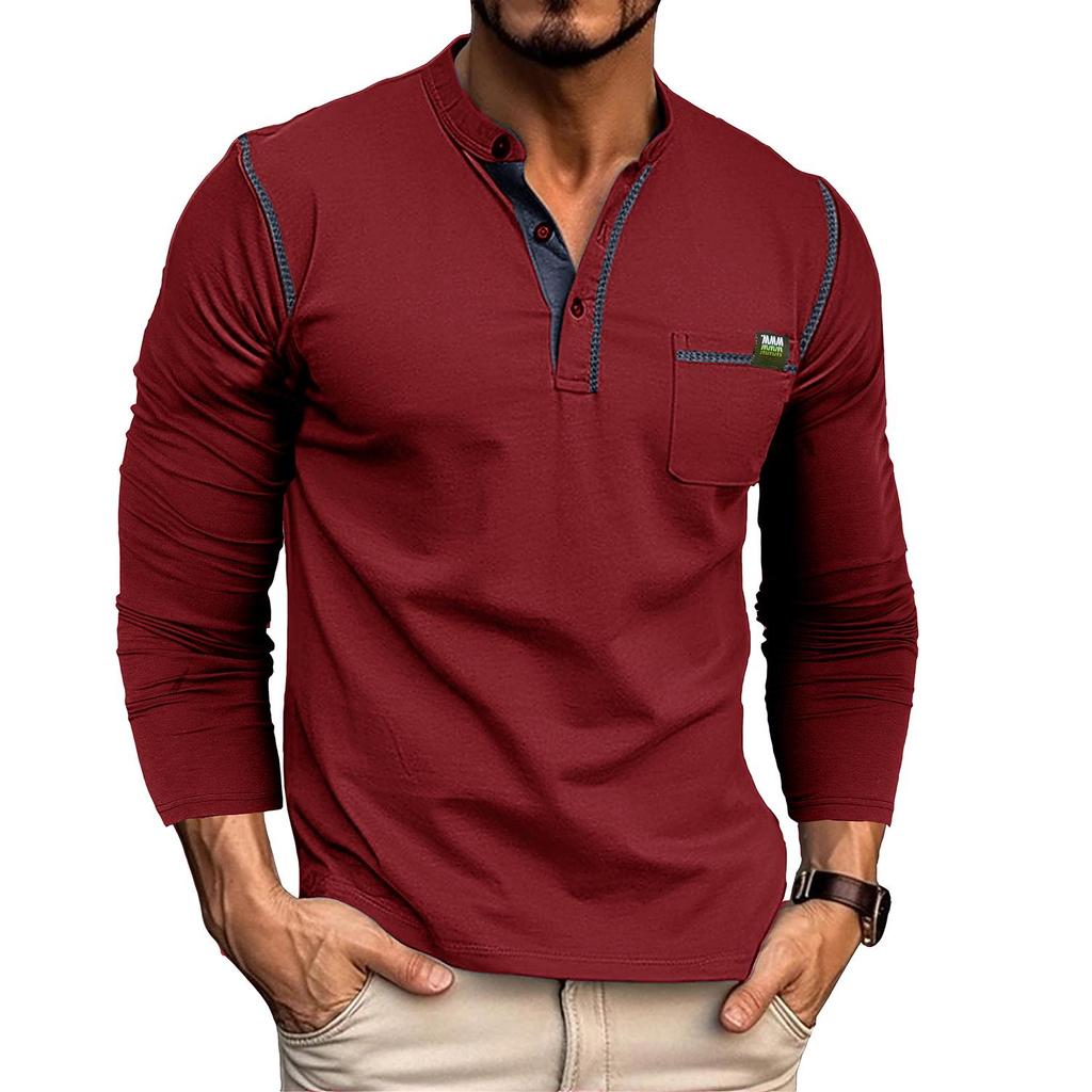 Men's Clothing Button down Shirts Long Sleeves Pullovers Knitted T-shirts In Matching Color Buttons Round Neck Tops with Chest Pockets Stylish Casual