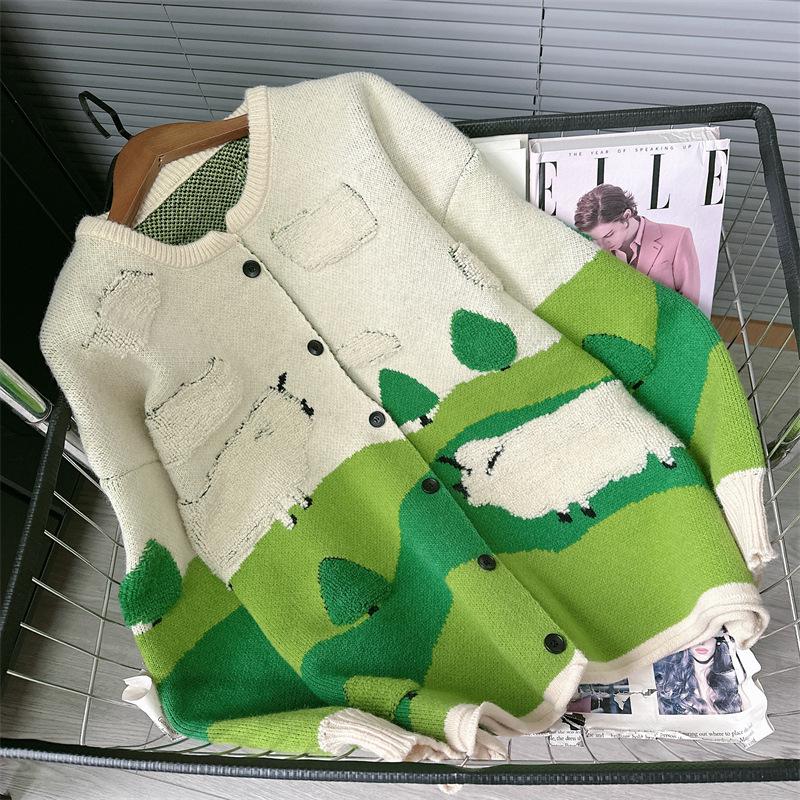 Green Art Cartoon Sweater Coat: Women's Niche Design Knitted Cardigan for Spring & Autumn 2025.