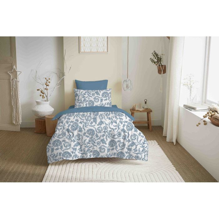 Complete Reversible Duvet Cover Set "Vanessa" 4 Pieces for Bed 90 X 190 Salma Blue