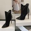 Modne Liyke Wiosna Jesień Zamek Czarne Siateczkowe Botki Damskie Seksowne Lakierowane Skórzane Szpiczasty Nosek Nit Szpilka Wysokie Obcasy Buty na Imprezę Studniówkę