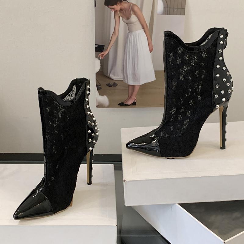 Mode Liyke Frühling Herbst Reißverschluss Schwarz Mesh Stiefeletten Damen Sexy Lackleder Spitznieten Stiletto Hohe Absätze Party Abschlussballschuhe