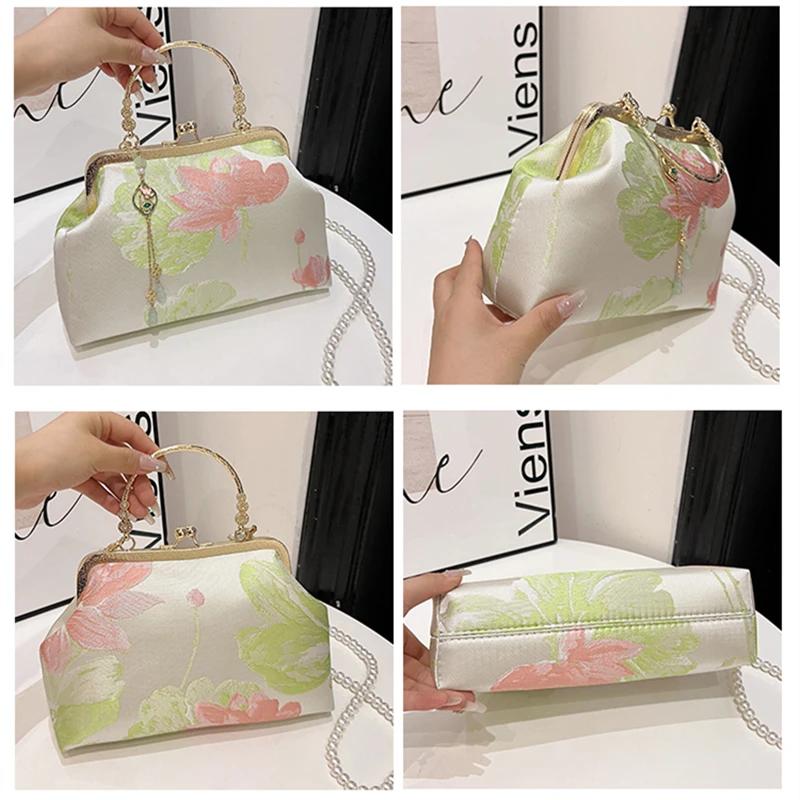 Women's Silk Tote Shoulder Bag with Chain Embroidered Chinese Cheongsam Daily Use Fashion