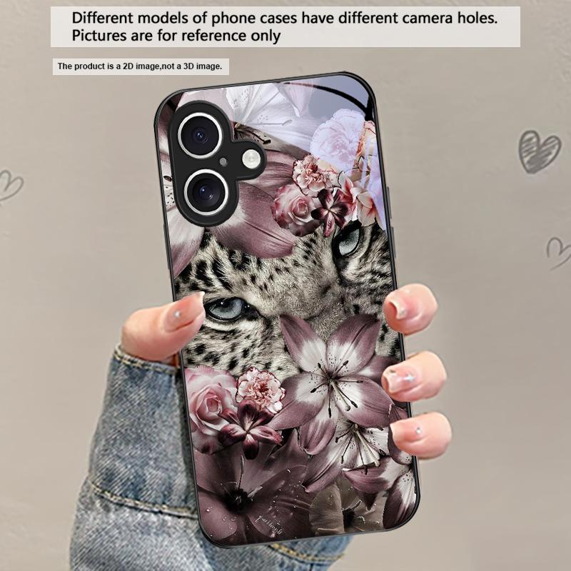 Flower Leopard Shadow For iPhone 17 Air 16 E 15 Plus 14 Pro Max 13 12 Mini 11 5 6 7 8 Plus XR XSMax SE Black Glass Phone Case