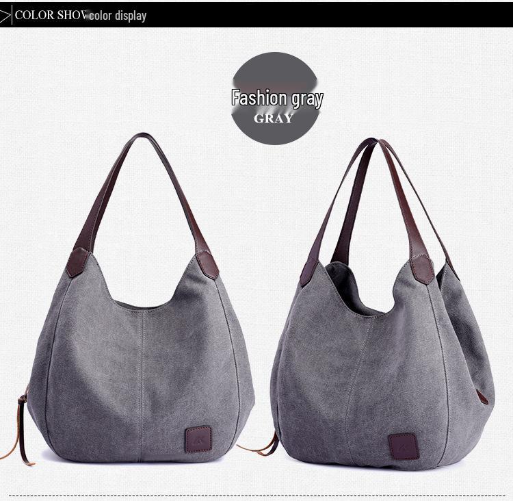 Large Capacity Canvas Tote Bag with Three-Layer Pockets - Ladies' Casual Shoulder Handbag