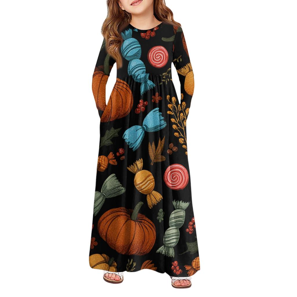 Mädchen Maxi Kleid Halloween Tag- Langarm Taschenkleid