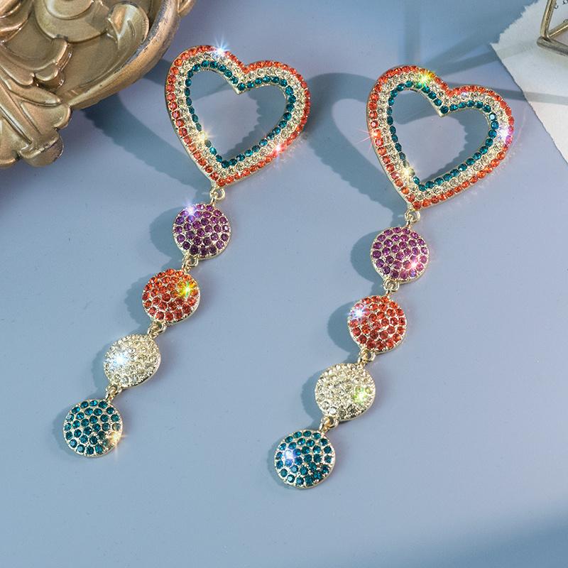 Fyuan Sweet Love Heart Earrings Ladys Long Tassel Colorful Rhinestone Dangle Earrings For Women Jewelry Gifts
