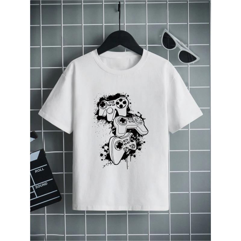 European sizes  Boys' Game Controller Graffiti Print T-Shirt, Black Crew Neck Short Sleeve, Cool Gaming Style Top