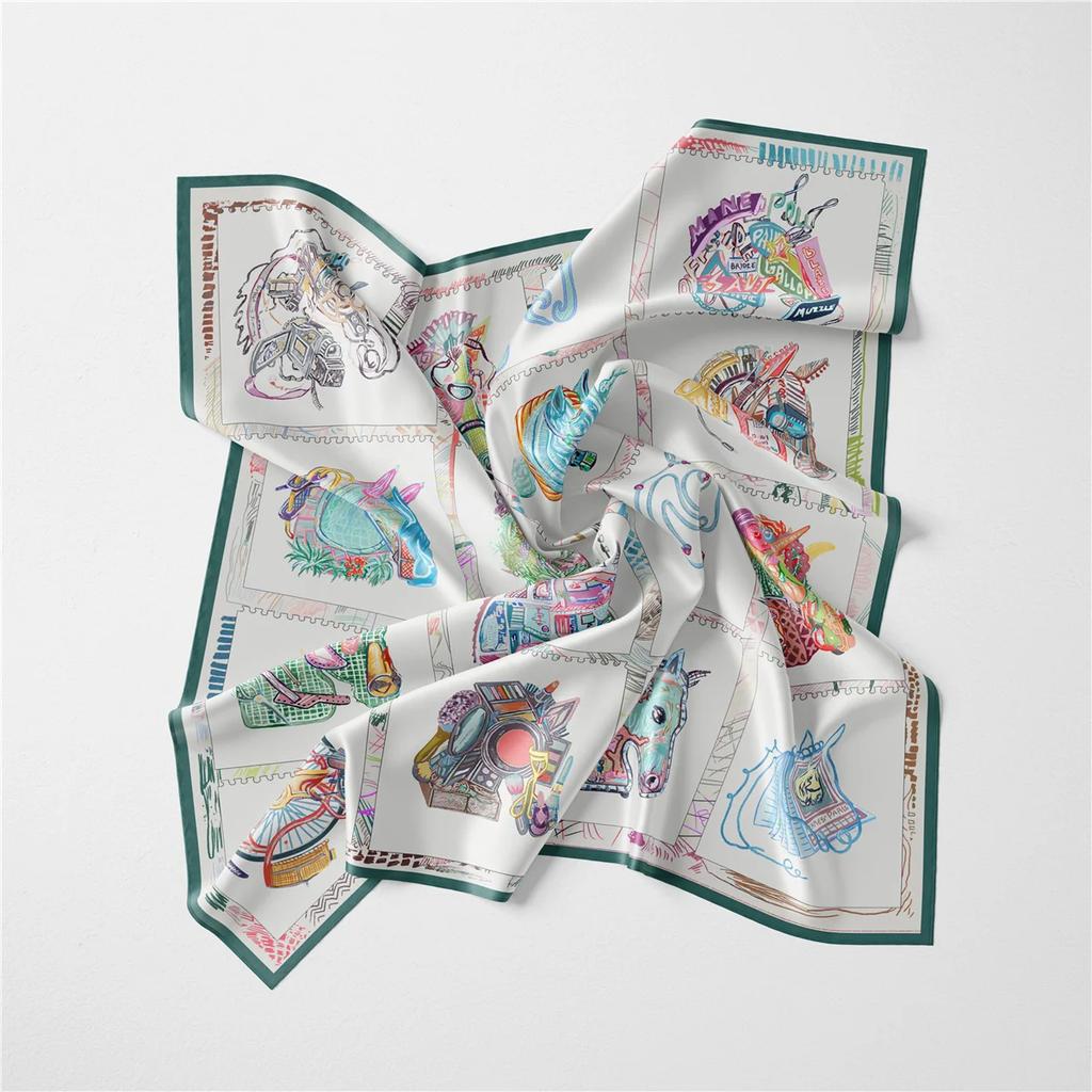 53cm Brand Design Horsehead Small Square Scarf Woman Fashion Twill Silk Scarf Luxury Bandana Headband Hijab Foulard Neckerchief