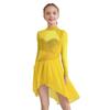 Girls Figure Skating Dance Dress: Sheer Mesh Patchwork Long Sleeves Mock Neck Keyhole Back Rhinestones Irregular Hem with Built-in Briefs