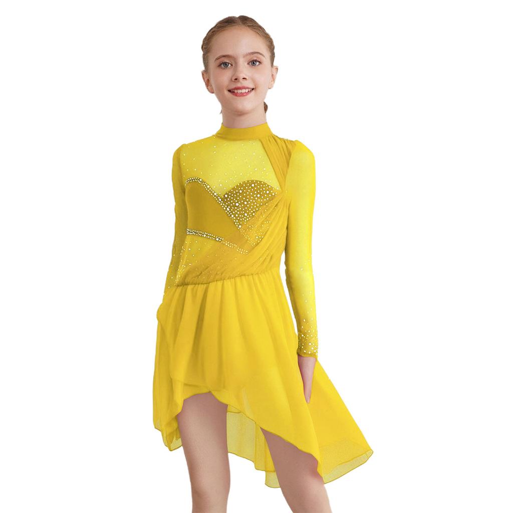 Girls Figure Skating Dance Dress: Sheer Mesh Patchwork Long Sleeves Mock Neck Keyhole Back Rhinestones Irregular Hem with Built-in Briefs