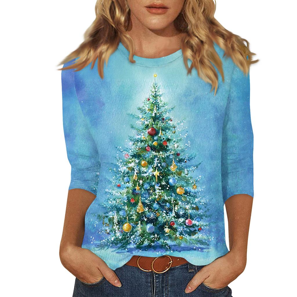 Women's Fashionable Casual Three Quarter Sleeve Christmas Printed Round Neck Top
