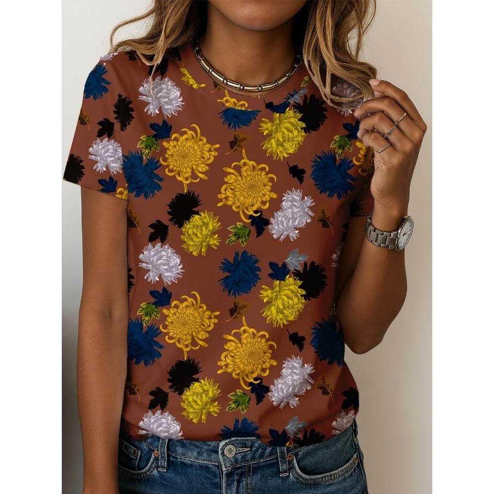 

Повседневная футболка с принтом растений в стиле ретро, женская футболка с круглым вырезом и короткими рукавами с цифровой печатью 6XL чёрный