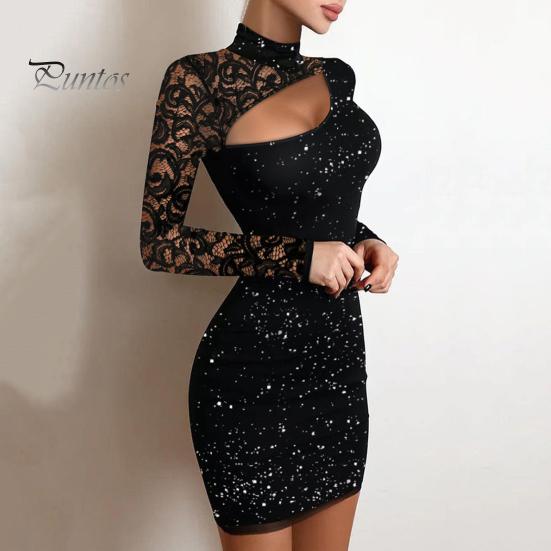 Damenkleid, ausgehöhlte Spitzenstickerei, schmale Passform, Etuikleid, Herbstkleid, einfarbig, glänzend, gestrickt, Stehkragen, elastisch, Minikleid für Abschlussball, Party