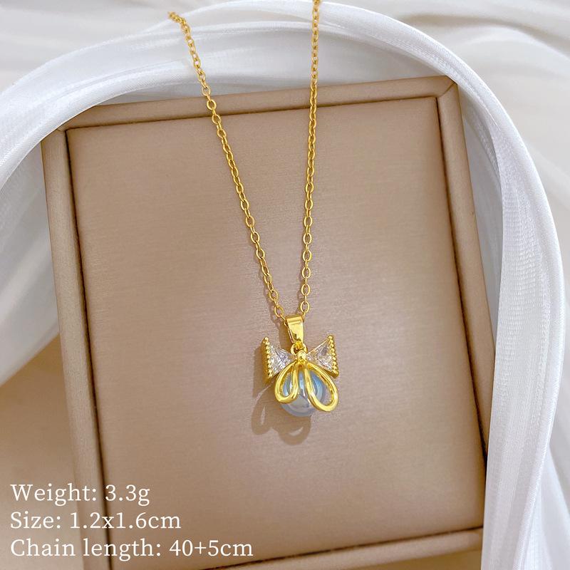 

Pearl Bow Fashion Light Luxury Temperament Gorgeous Full Diamond Necklace Women S Versatile Collarbone Titanium Steel Chain