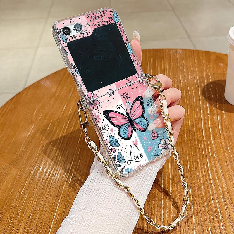 Metal Rope Lanyard Case For Samsung Galaxy Z Flip7 Flip6 Flip5 Flip4 Flip 7 FE 6 5 4 3 5G Beautiful Butterfly Print TPU Cover