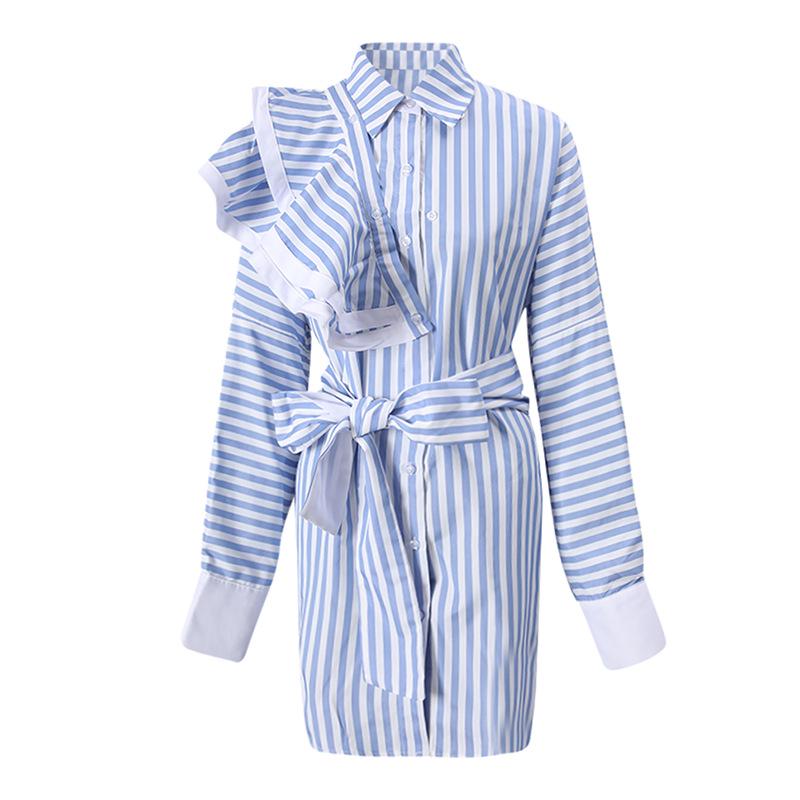 

European & American Printed Striped Long-Sleeved Shirt Dress with Detachable Ruffle Lapel and Tie-Up Design L синий